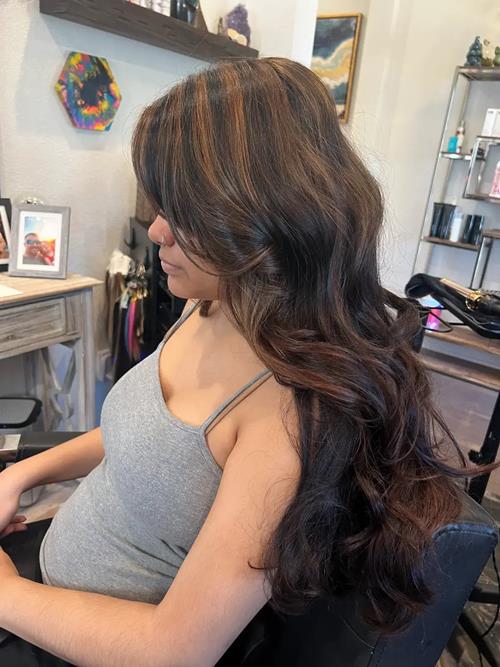Hair Extensions photo, Denver Colorado. Nice caramel with dark chocolate and black highlights and lo(..)